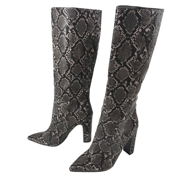 New Steve Madden Rouge Snakeskin Knee High Block Heel Boots Grey Black Women 11M - Picture 2 of 9